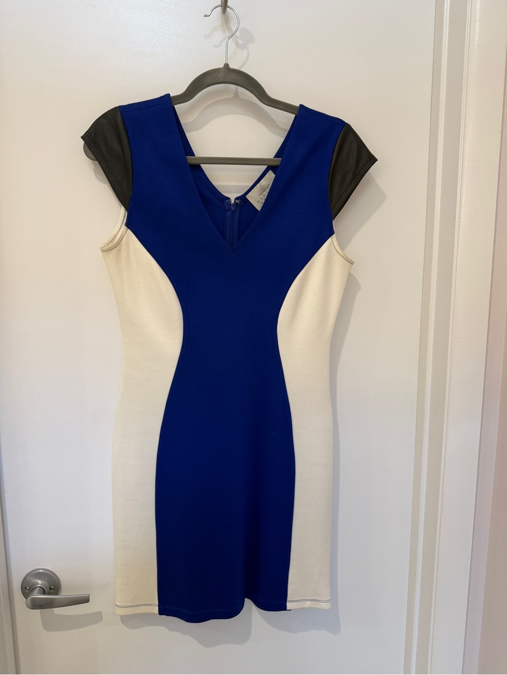Madison Marcus Royal Blue, White & Black Colorblock V-Neck Sheath Dress